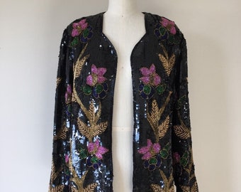 Vintage Black Sequin Jacket / Floral Beaded Pattern / Pink Green Blue Gold Colouring / Festival Wear / Costumes / Evening Jacket