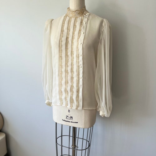 Elegant Cream Blouse shops / Gold Lace Detailing / High End Vintage Fashion / Dressy Tops / Puffy Sleeves