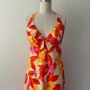 Hawaiian Vintage Halter Dress / Floral Hibiscus / 70s Vintage Vacation Dress / Classy Sexy Style / Boho Cottagecore / Vibrant Orange Pink