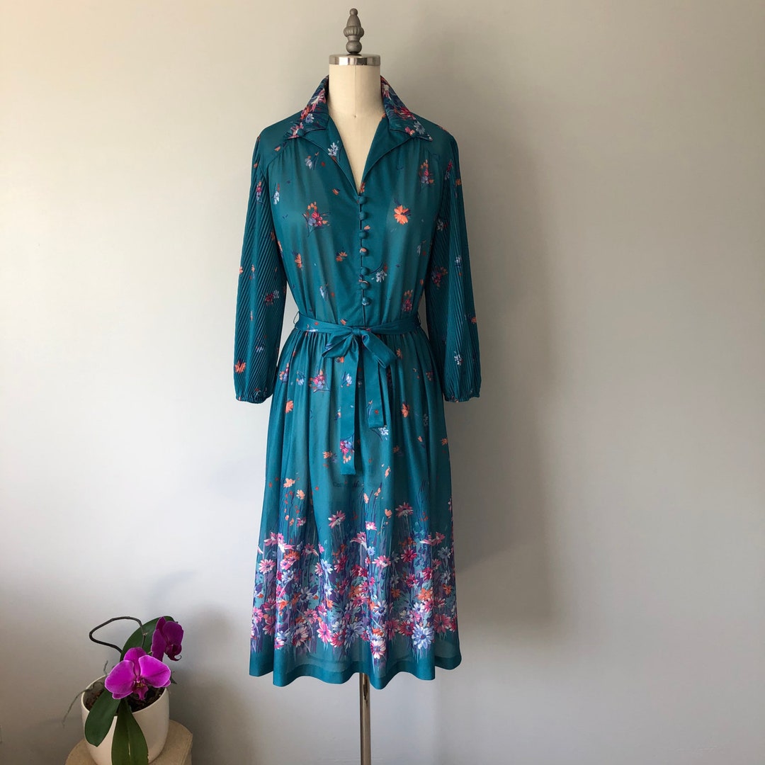 Floral Vintage Dress / 80s Sheer Turquoise Dress / Vintage Day - Etsy