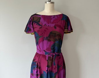 Vintage Silk Dress / Hand Painted Leaf Pattern / Pink Purple Blue / Gold Detailing / Day Dress / Matching Belt / 70s 80s Dresses