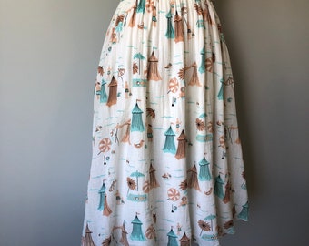 Summer Vintage Skirt / Beach Themed Pattern / Cream Cotton Skirt / Vacation Wear