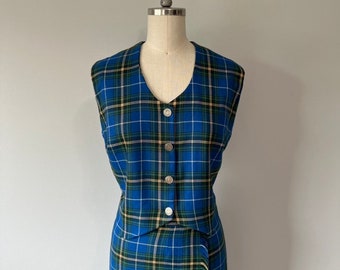 Plaid Tartan Suit / Two Piece Vintage Outfit / Blue and Green Plaid / Costumes / Special Event Wear / Gifts / Vintage Skirt / Matching Top