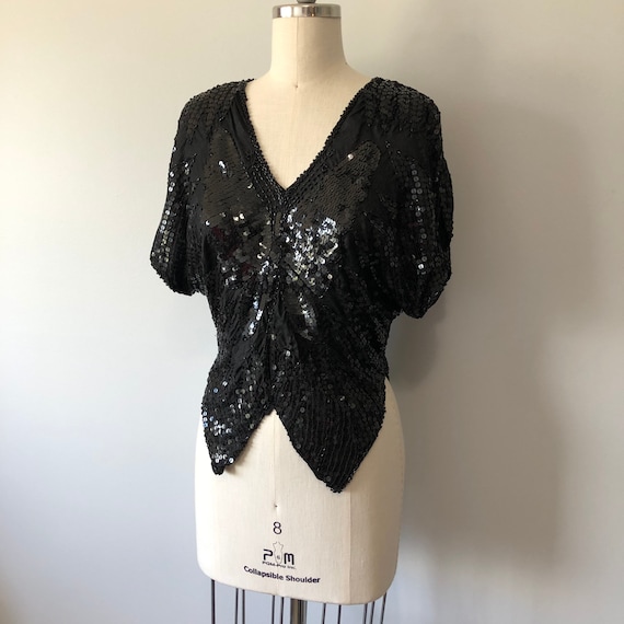 Black Butterfly Blouse / Vintage 80s Tops / Beade… - image 2