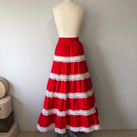 Red Boho Skirt / Long Cotton Vintage Skirt / Hand… - image 10