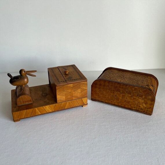 antique wooden cigarette holder Vintage 50s Wooden Cigarette Holder Set: Duck Dispenser and Carved Box