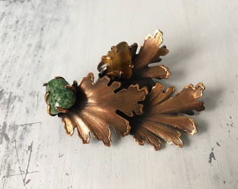 Unique Leaf Jewelry / Vintage Copper Brooch / Tigers Eye Stone / Jade Stone / Hat Pin / Hair Clip / Sacred Stones / Crystal Jewelry