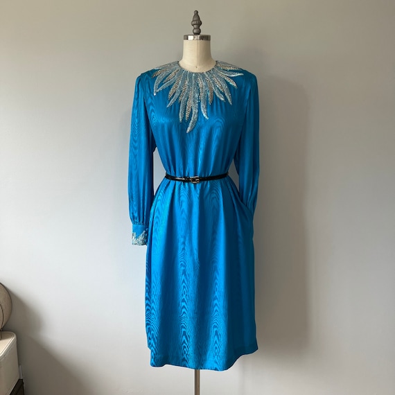 80s Silk Blue Dress: Holt Renfrew Vintage, Glass Bead Detail