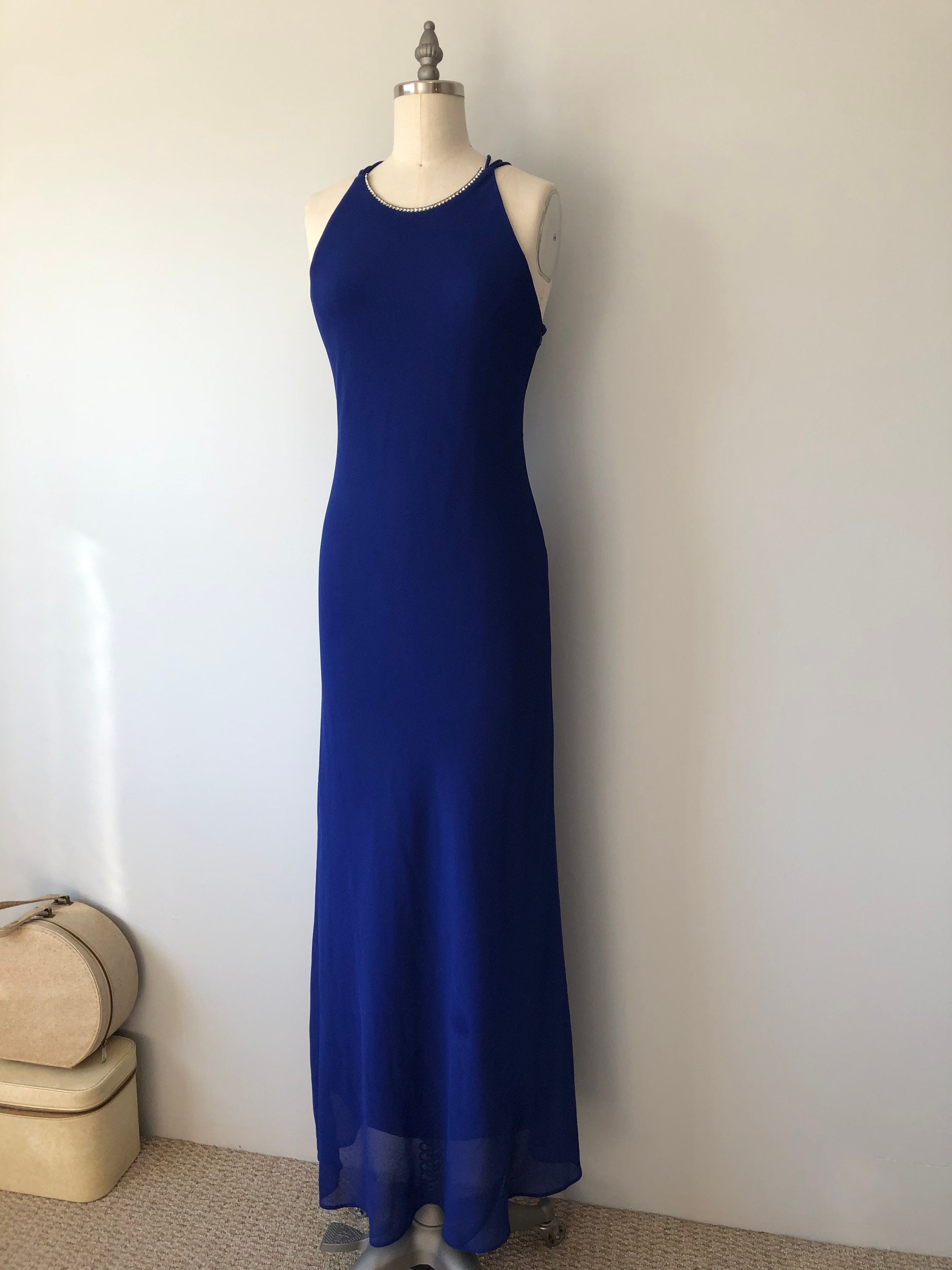 Vibrant Blue Evening Gown / Long Vintage 80s Dress / Diamond Detailing ...