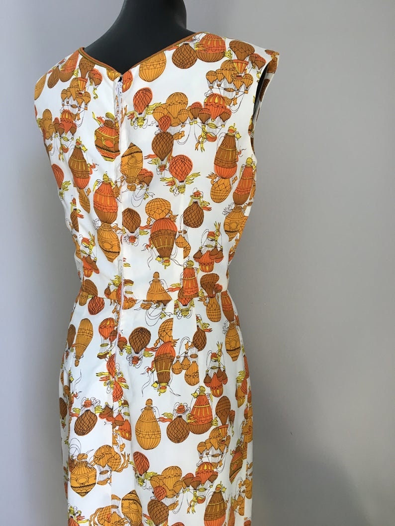 Heteluchtballon patroon / Vintage jaren '50 jurk / Rockabilly / Pin Up Style / Oranje gele kleuren / VTG Wiggle Jurken / Lente jurken / Cadeau afbeelding 8