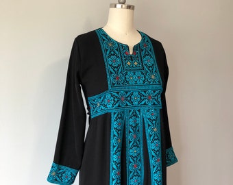 Vintage Boho Dress / Mod Style / Black Turquoise With Diamonds / Vintage Wedding / Vtg 60s Dresses