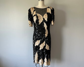 Black Sequin Dress / Vintage 80s Evening Wear / Party Dress / Leaf Pattern / High Fashion Vintage / Sexy Classy Gowns / Unique Vintage