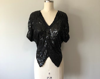 Blusa de seda vintage de los 80: Top negro con mariposa y lentejuelas con cuentas (XS)