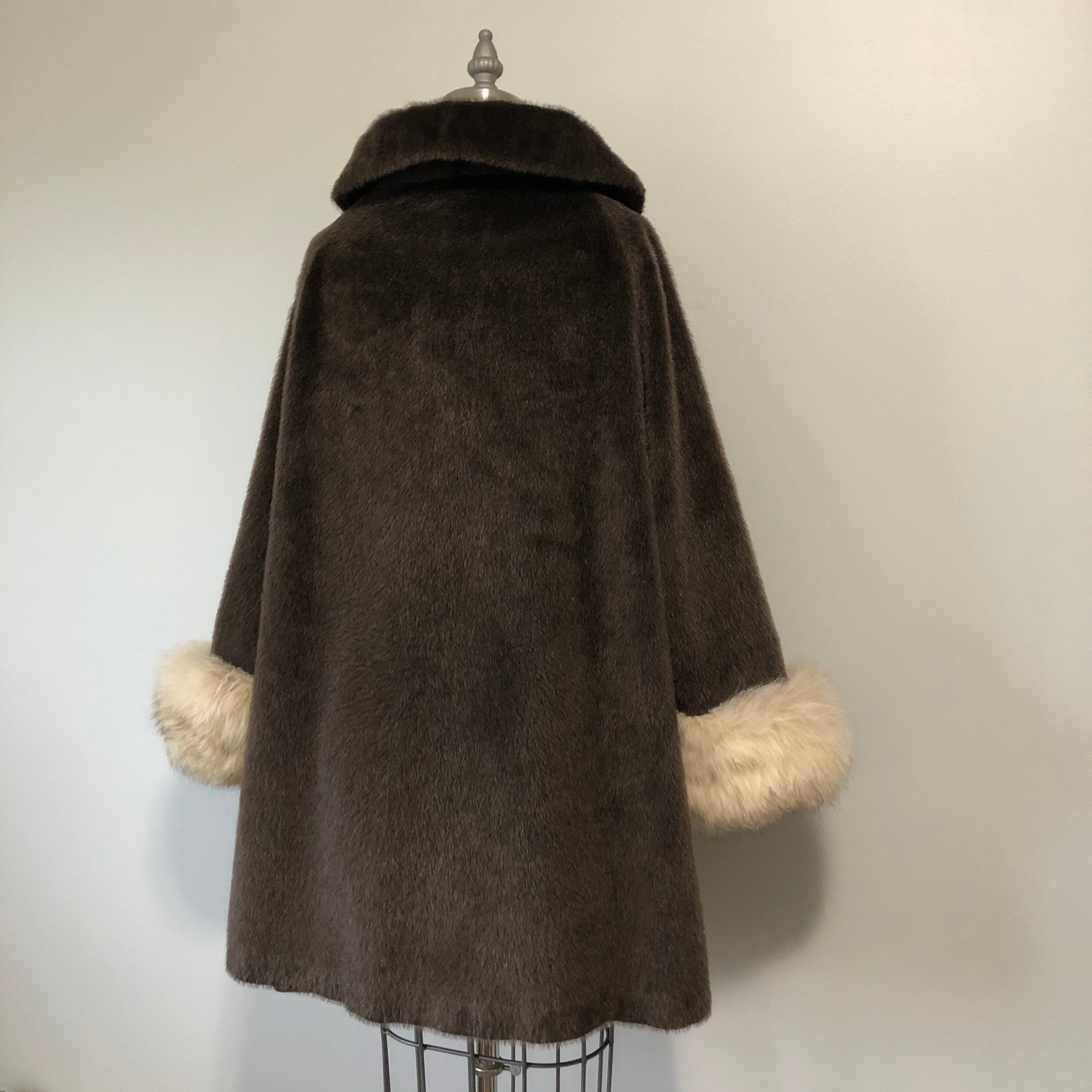 1960s Faux Fur Coat, Real Fur Cuffs – Mid Century Vintage Jacket 