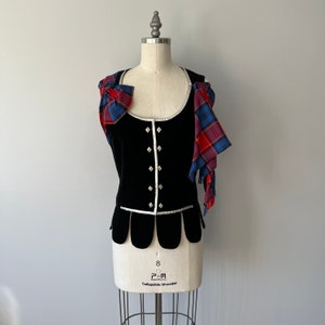 Vintage Velvet Dirndl Vest with Detachable Plaid Shawl, Oktoberfest Costume