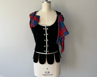 Velvet Vintage Vest / Black Dirndl Top / Silver Detail / Plaid Red Blue Shawl / Vintage 60s Oktoberfest Vest / Traditional Wear / Costumes