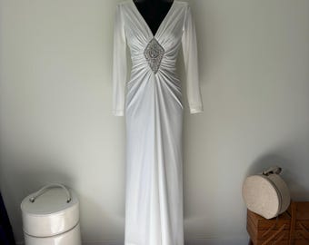 Vintage 80s White Gown: Beaded Crystal Evening Dress, Size XS