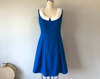 Blue 60s Day Dress / Handmade Vintage Dress / Mid Century Fashion / Rich Blue Classy Dress / White Collar / Handmade Blue Day Dress
