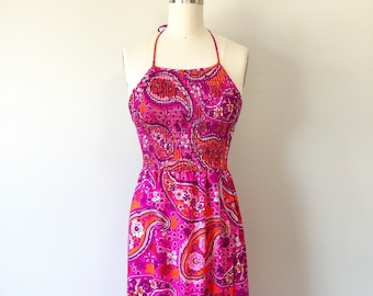 Hawaiian Paisley Handmade Dress / Long Boho Vintage 70s Summer Dress / Paisley Patterned Vacation Dress / Pink Vintage Day Dress