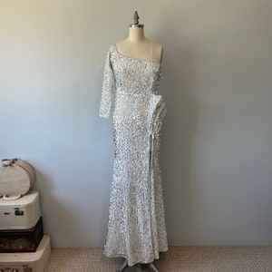 Silver Sequin Gown / Vintage Stretchy White Velvet / Vintage Wedding / Gala Gown / Long Glamorous Fashion Dress / Fancy Elegant Costume