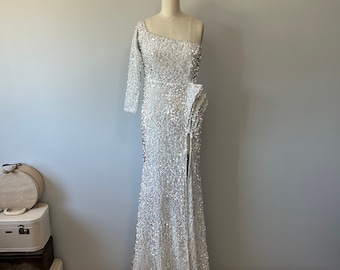 Silver Sequin Gown / Vintage Stretchy White Velvet / Vintage Wedding / Gala Gown / Long Glamorous Fashion Dress / Fancy Elegant Costume