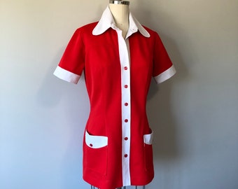 Vintage 70s Uniform / Mini Dress / Two Piece Uniform / Waitress Server Outfit / Vintage Pant Suit / Red White Suit / 70s Sexy Nurse Dresses