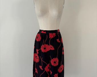 70s Vintage Floral Skirt, Red Flowers on Black, XS/S
