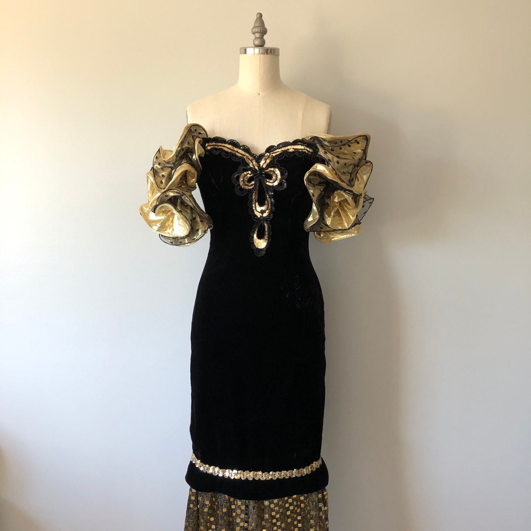 Vintage 80s Velvet Party Dress: Gold Detail, Flamenco Sleeves