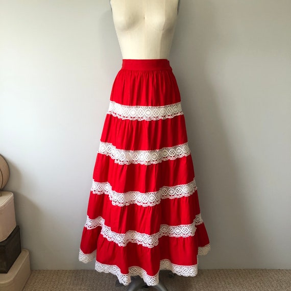 Red Boho Skirt / Long Cotton Vintage Skirt / Hand… - image 4