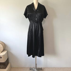 Black Satin Dress / 1940s Evening Wear / Glass Button Detailing / Elegant 40s Vintage Dress / Rockabilly Pin Up Style / 1940s Classy Dress
