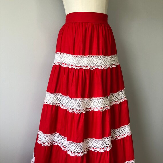 Red Boho Skirt / Long Cotton Vintage Skirt / Hand… - image 2
