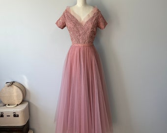 50s Pink Tulle Gown, Embroidered Rockabilly Dress (Size S), Prom Grad Dress, Vintage Wedding