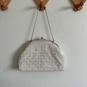 Vintage 1940s Beaded Evening Purse, White Glass, Silver Metal Chain