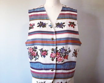 Floral Vintage Vest / Linen Vintage Vest / Flower Power / 80s Vintage Jackets / Flower Vest Design