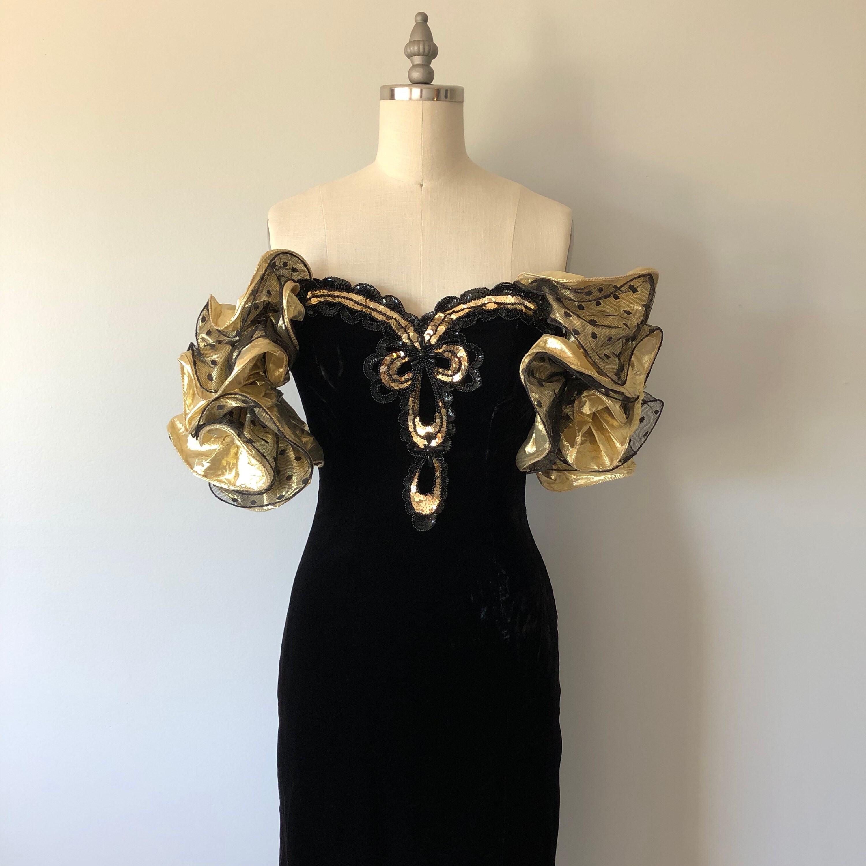gold 80s dress Vintage Velvet Party Dress: Detail, Flamenco Sleeves menu: sequin