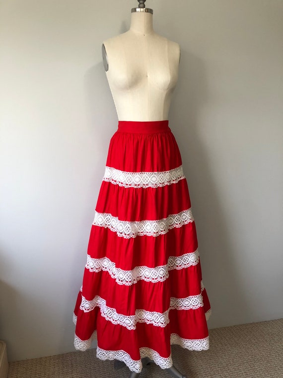 Red Boho Skirt / Long Cotton Vintage Skirt / Hand… - image 5