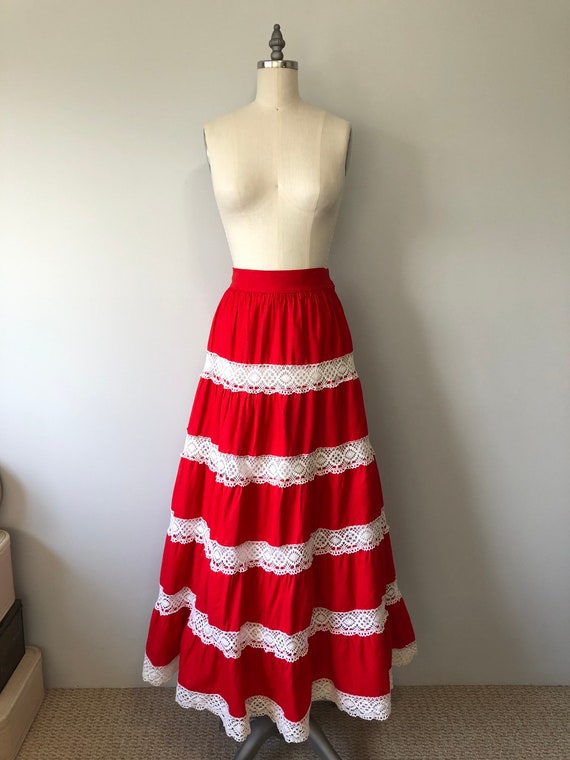 Red Boho Skirt / Long Cotton Vintage Skirt / Hand… - image 9
