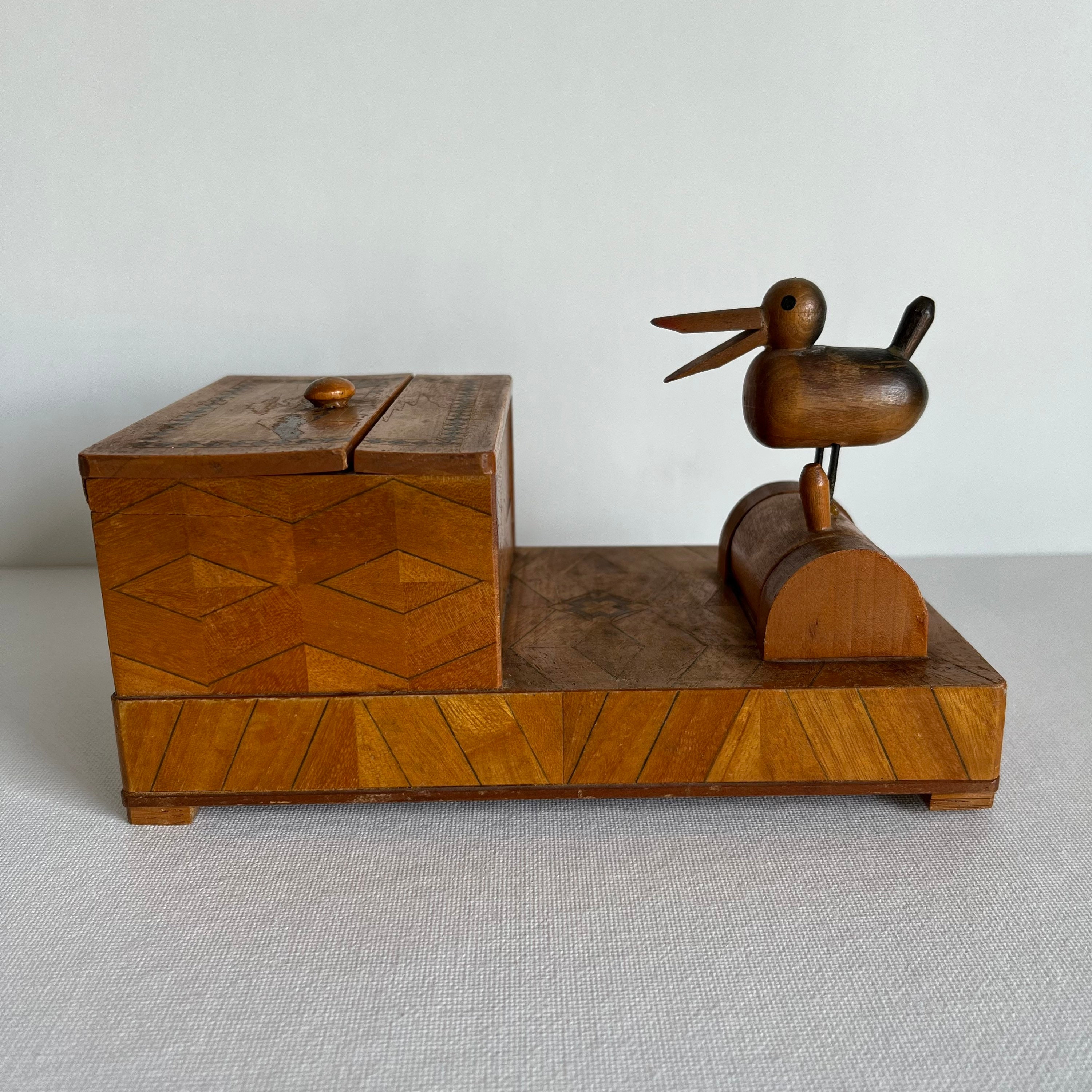 Vintage 50s Wooden Cigarette Holder Set: Duck Dispenser and Carved Box