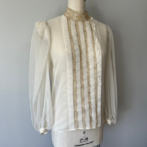 Elegant Cream Blouse shops / Gold Lace Detailing / High End Vintage Fashion / Dressy Tops / Puffy Sleeves