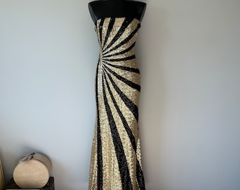 Gold Black Sequin Gown / Vintage Evening Wear / Event Festival Costume / Vintage Wedding / Elegant Sexy Entertainer Dress / Gold 80s Sequins