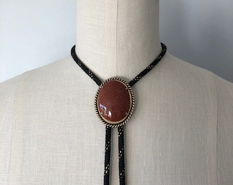 Vintage Goldstone Bolo Tie, Unisex Western Lariat, 70s Jewelry