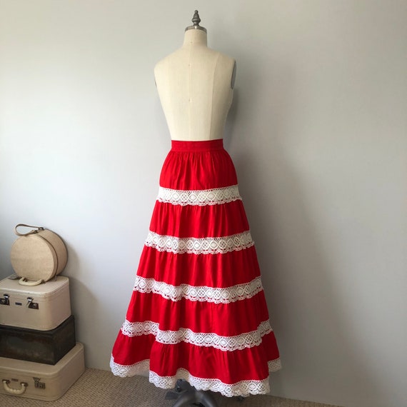 Red Boho Skirt / Long Cotton Vintage Skirt / Hand… - image 7