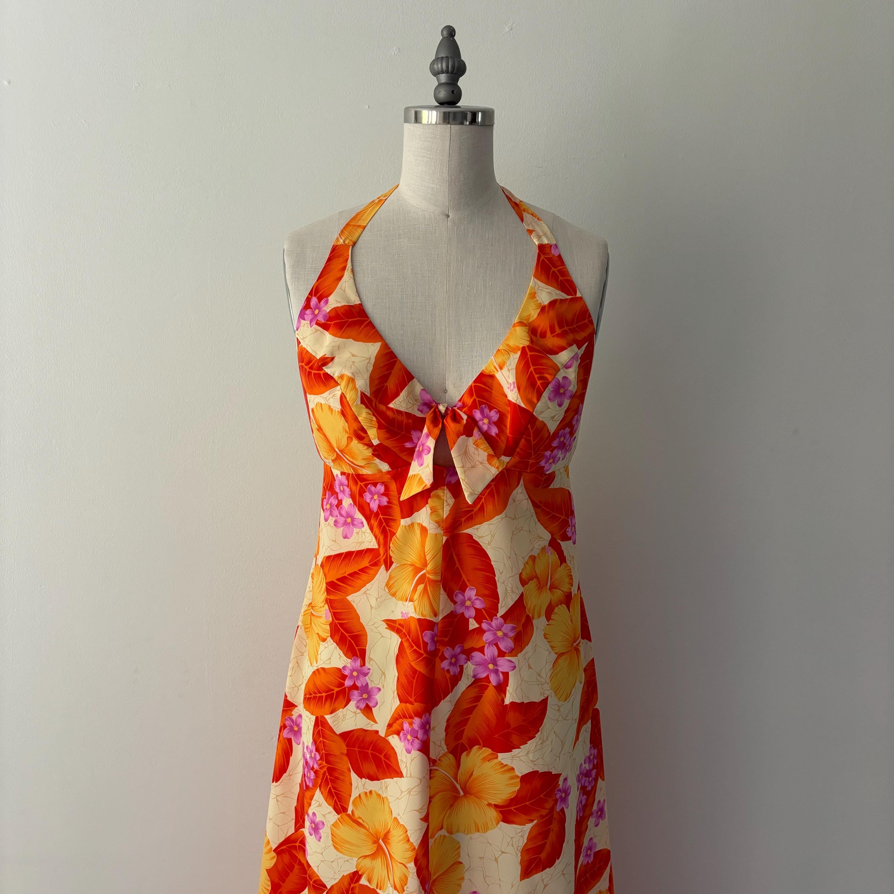 Vintage 70s Halter Dress: Hawaiian Floral Print, Boho Cottagecore