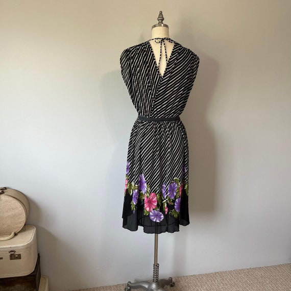 Striped 80s Dress Vintage Fashion Algo 80s Brand Floral Skirt  Detachable Belt Sexy Day Dress Vacation Wear Black and White