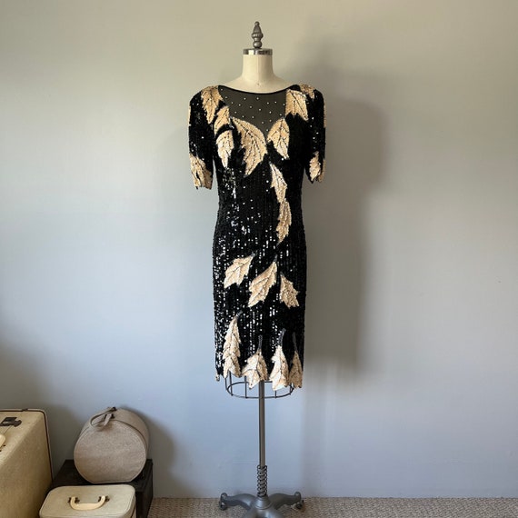 black dress with gold leaves Lucy Dress