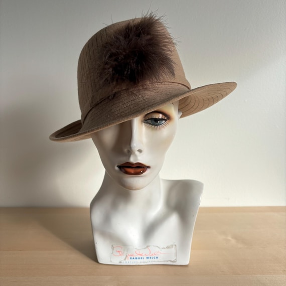 Vintage Wool Felt Fedora Hat, Beige Brown With Feather - Etsy display picture 1