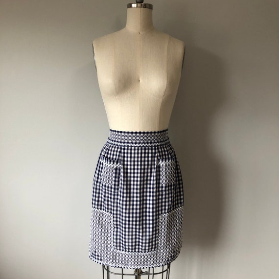 Vintage 60s Gingham Apron: Hand Embroidered Cotton Blend, Size S