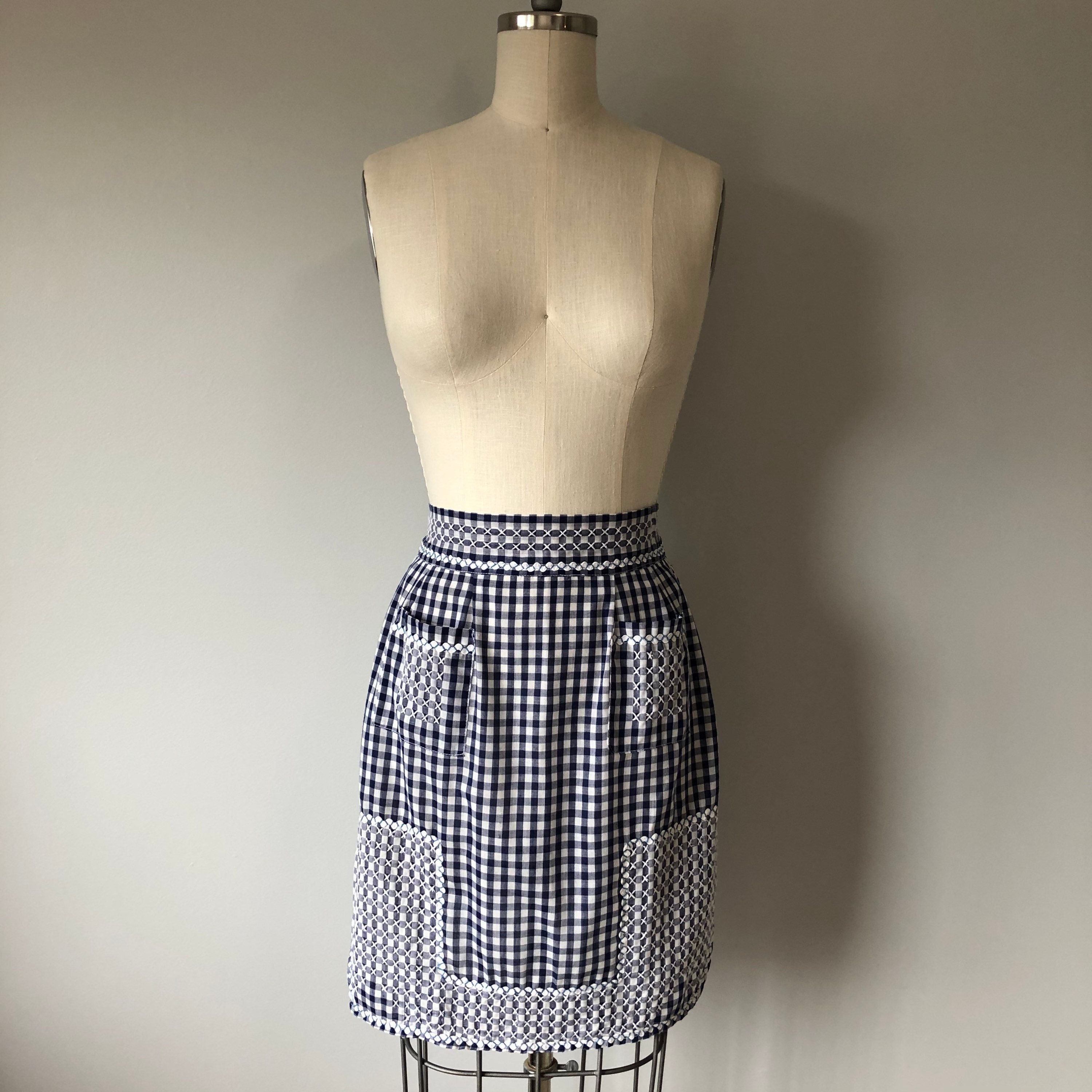 Vintage 60s Gingham Apron: Hand Embroidered Cotton Blend, Size S