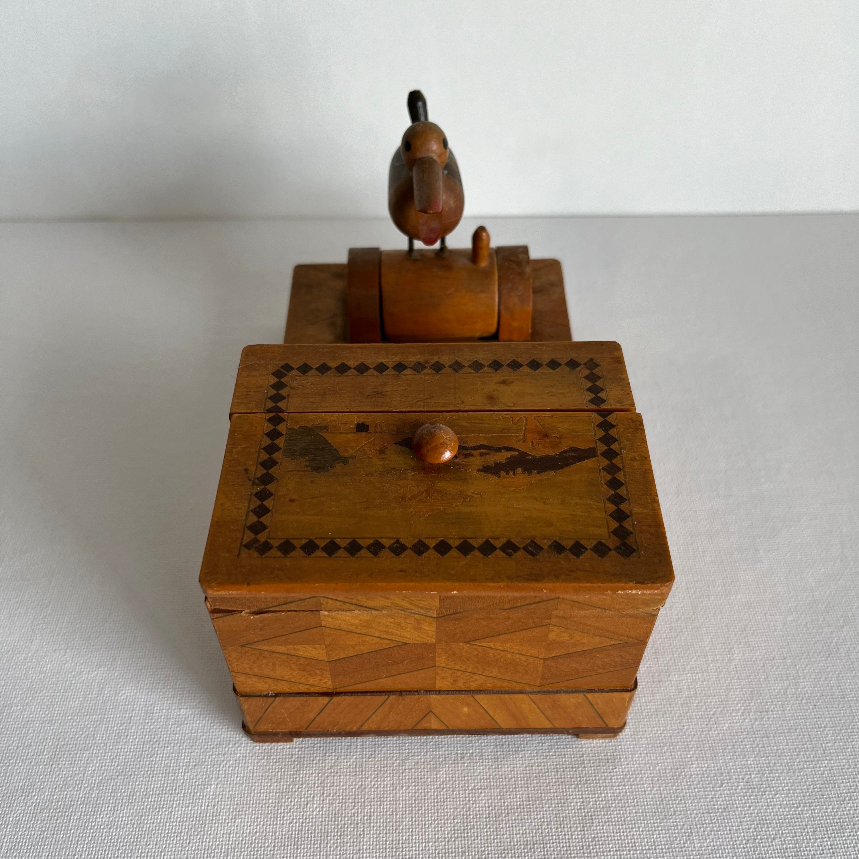 Vintage 50s Wooden Cigarette Holder Set: Duck Dispenser and Carved Box