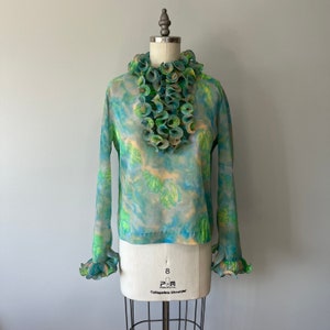 Vintage 60s Psychedelic Ruffle Blouse, Party Top (S/M)